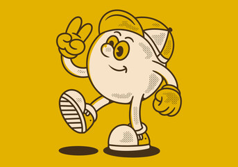 walking ball head character wearing a hat with hands forming a peace symbol. Yellow background