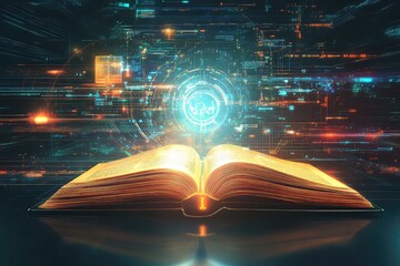 A dynamic and vibrant digital illustration of an open book radiating futuristic communication symbols, symbolizing e-learning.