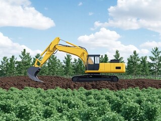 A yellow excavator digs in a lush green field under a blue sky with scattered clouds, demonstrating heavy machinery in agriculture.