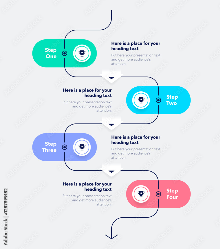 Aufkleber Vertical process flow chart with four colorful steps and a place for your text. Simple infographic design with icons and curved thin line for workflow layout, banner or web design.