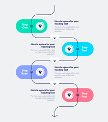 Vertical process flow chart with four colorful steps and a place for your text. Simple infographic design with icons and curved thin line for workflow layout, banner or web design.