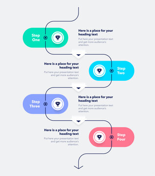Vertical process flow chart with four colorful steps and a place for your text. Simple infographic design with icons and curved thin line for workflow layout, banner or web design.
