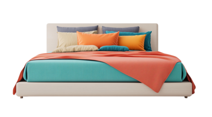PNG, Bed. Colored bed elements: pillow, sheet, blanket, isolated on white background, created using Generative AI technology.