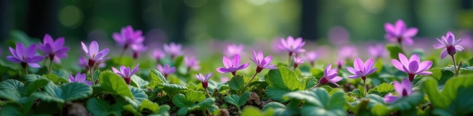 Fototapeta premium Violet-colored blooms on a low-growing groundcover with toothed foliage,, garden blooms, forest floor