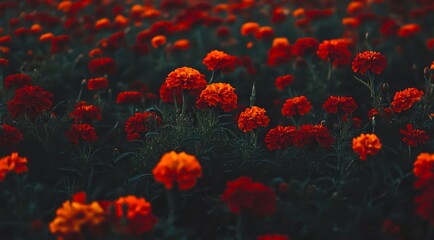 Field of red poppies in the evening.