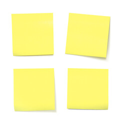 Four Yellow Sticky Notes in Different Positions Are Arranged Neatly on a White Background, Offering a Versatile Tool for Reminders or Creative Brainstorming Sessions.