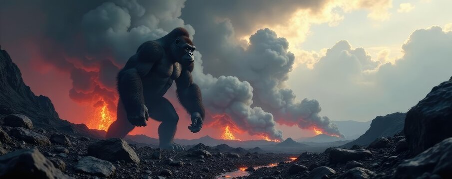 Volcanic ash clouds gather behind the monstrous gorilla, rocky terrain, lava flows, apocalyptic scene