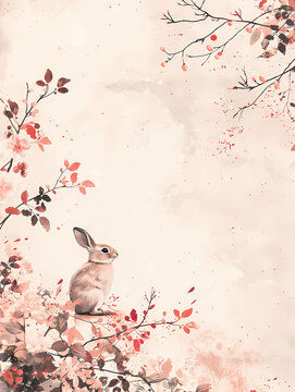 Serene rabbit amidst delicate pink blossoms. A peaceful watercolor painting.
