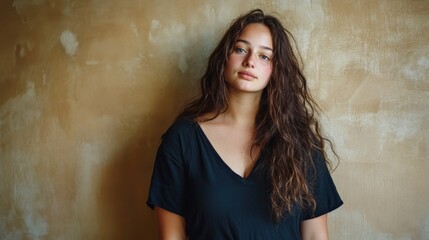 Fototapeta premium Young Woman With Long Brown Hair Against A Tan Wall