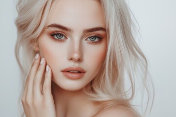 Fototapeta premium The image of a healthy and beautiful young blonde with curly hair and subtle makeup is that of a lovely model girl with wavy tresses, symbolizing care and beauty
