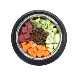 Dry and natural pet food in feeding bowl isolated on white, top view