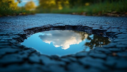 Fototapeta premium A pothole puddle reflecting a beautiful summer sky