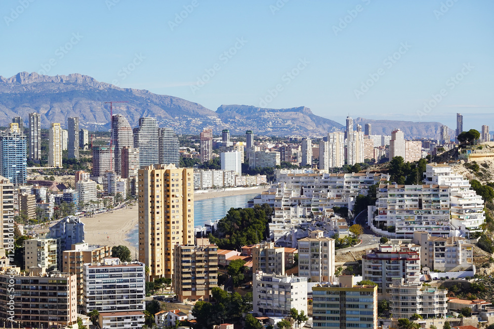 Poster Panorama of skyscrapers and beaches in Benidorm, opening from the tower Aguilo, Spain