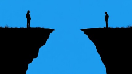 Two silhouetted figures stand on opposite cliff edges, separated by a chasm.