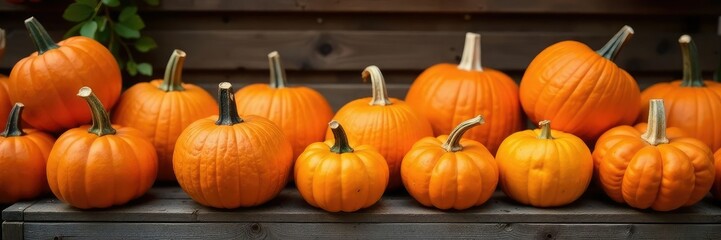 Bunch of small and large orange pumpkins stacked on a wooden crate, arrangement, fall, decor