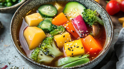 Brightly colored miso soup with assorted vegetables, showcasing vibrant ingredients and textures