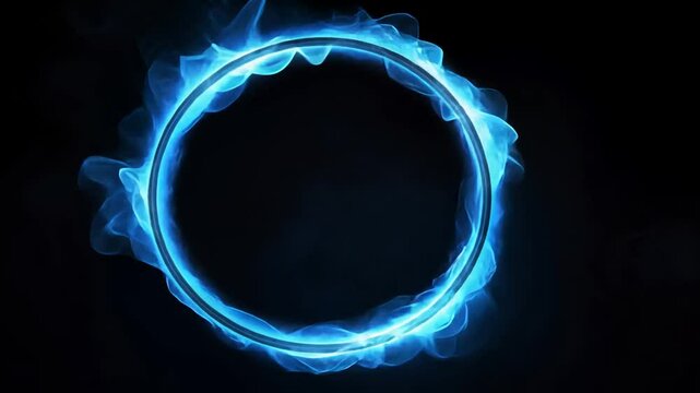 Glowing blue energy ring swirling with smoke and fire effect against a dark background.