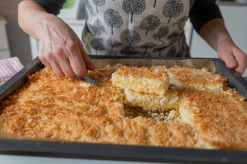 Woman serving a fresh and homemade baked coconut sponge cake