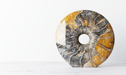 Polished ammonite fossil on marble surface, white background