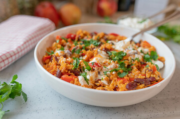 Healthy vegetarian food mit a delicious rice, beans and vegetables. Served with cottage cheese fresh and homemade cooked. 