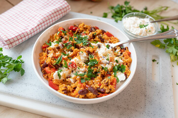 Healthy vegetarian food mit a delicious rice, beans and vegetables. Served with cottage cheese fresh and homemade cooked. 