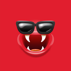 Vector Cartoon red monster face with black vintage sunglasses, open mouth, fangs. Monster banner,sticker,poster, background, label. Vector monster
