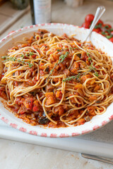 Spaghetti with vegetable tomato sauce fresh and homemade cooked in a bowl. Healthy food concept