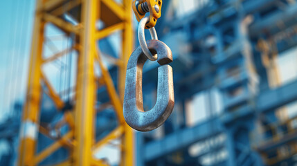 A close-up of a metal hook attached to a crane, with a blurred construction backdrop, emphasizing strength and industrial work.