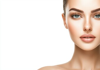 Fototapeta premium The face of a woman is captured in a close-up, highlighting her stunning eyes, luscious lips, and flawless, natural skin, isolated on a white backdrop