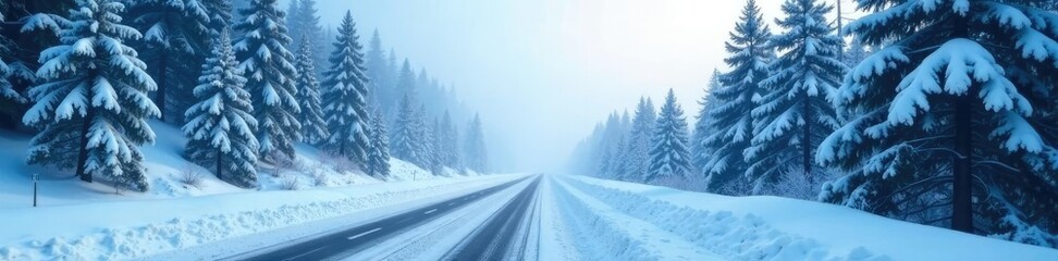 Fototapeta premium Dense fog rolls in on icy road amidst snow-covered evergreen trees, frozen landscape, road