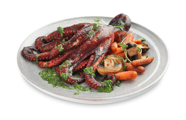 Roasted octopus with vegetables and mushrooms isolated on white