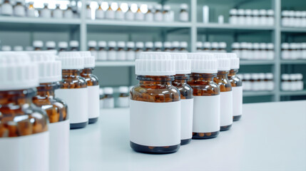 A close-up view of labeled brown glass bottles on a pharmacy shelf, showcasing a variety of pharmaceutical products in a clean and organized setting.