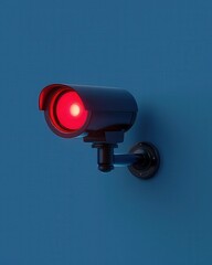 A sleek black surveillance camera with a glowing red light mounted on a blue wall, symbolizing security and vigilance.
