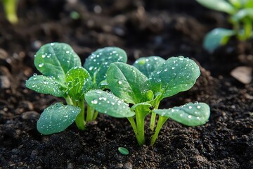 A macro shot of dewdrops on fresh green lettuce leaves, freshly planted in a well-tended organic garden.