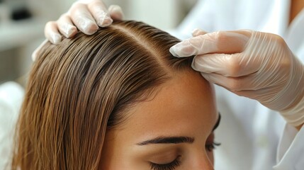 Fototapeta premium Doctor examining patient's scalp for hair loss treatment