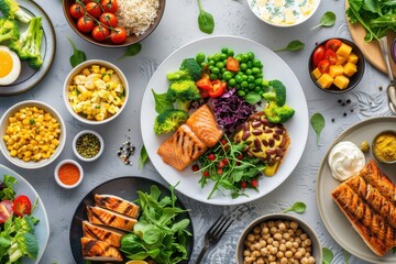 A colorful spread of healthy foods including salmon, vegetables, grains, and salads arranged on a table, promoting a nutritious diet.
