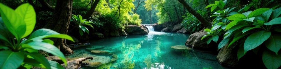 Fototapeta premium Dense foliage surrounds a crystal clear stream, foliage, jungle, leaves