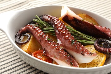 Fried octopus with vegetables, lemon and rosemary in baking dish on tablecloth, closeup