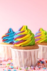 Delicious cupcakes with colorful cream and sprinkles on pink background, closeup