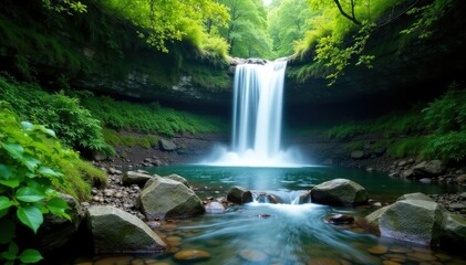 Naklejka premium Dense foliage surrounds a serene waterfall cascading into a rocky stream, landscape, cascade