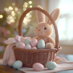 Easter basket filled with pastel-colored eggs, chocolates, and a stuffed bunny toy, set against a soft background.