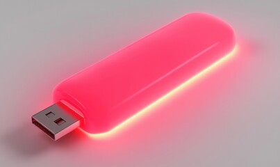 Glowing pink USB drive on white background, data storage concept