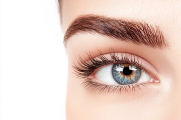 A macro photo shows a woman in a beauty salon having an eyelash extension procedure with notably long lashes