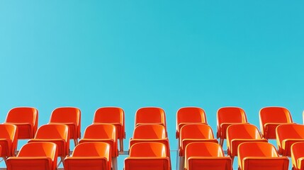 Fototapeta premium Repeating pattern of orange stadium seats under a bright blue sky, emphasizing structure and symmetry.