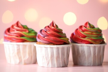 Delicious cupcakes with colorful cream on table against pink background, closeup. Bokeh effect