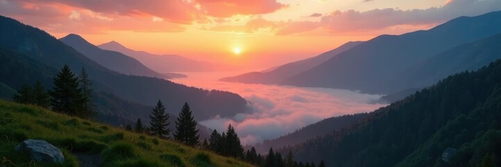 Obraz premium Gentle mist rises from valleys as sunrise breaks through, natural scene, mountain landscape, sunrise in valley