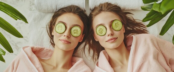 At home, two girls make their own beauty masks for their faces and hair, using cucumbers to cool the skin around their eyes, and they take care of their skin to keep it looking young, all while