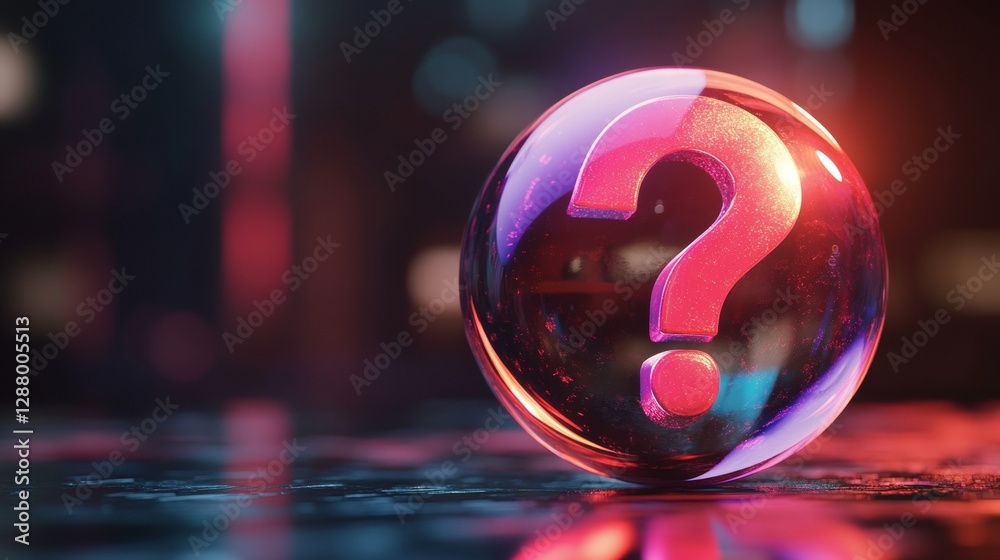 Poster Glowing question mark inside a transparent orb with reflections, futuristic and mysterious atmosphere. Problem-solving and curiosity concept