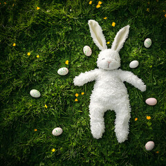 White easter bunny costume lying on a grassy lawn, surrounded by scattered eggs and small flowers.