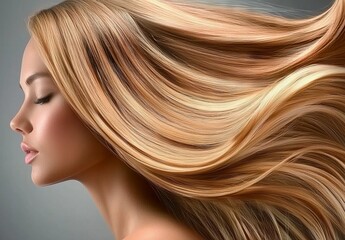 Fototapeta premium There is a beautiful blond girl who has hair that is long and straight